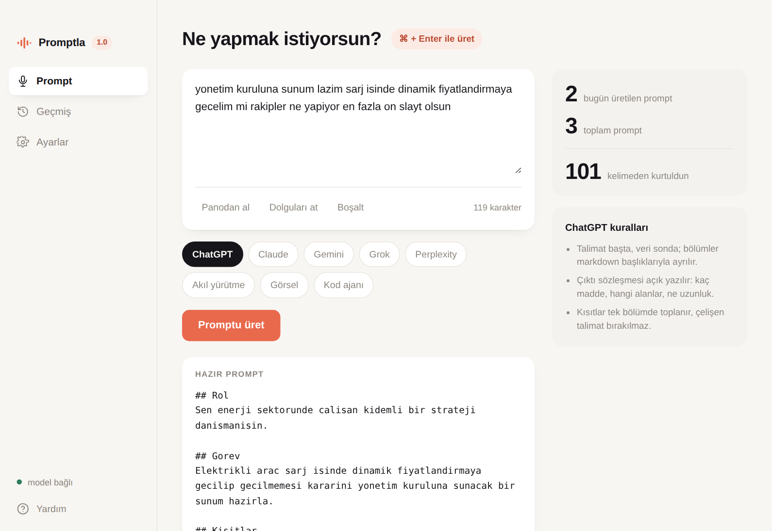 Promptla uygulamasının ana ekranı: sol menü, metin alanı, model seçimi ve üretilen prompt